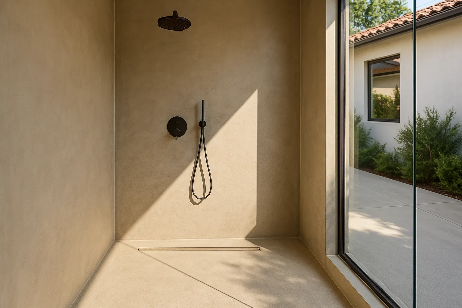 Completed microcement shower with seamless surfaces in Pasadena, California