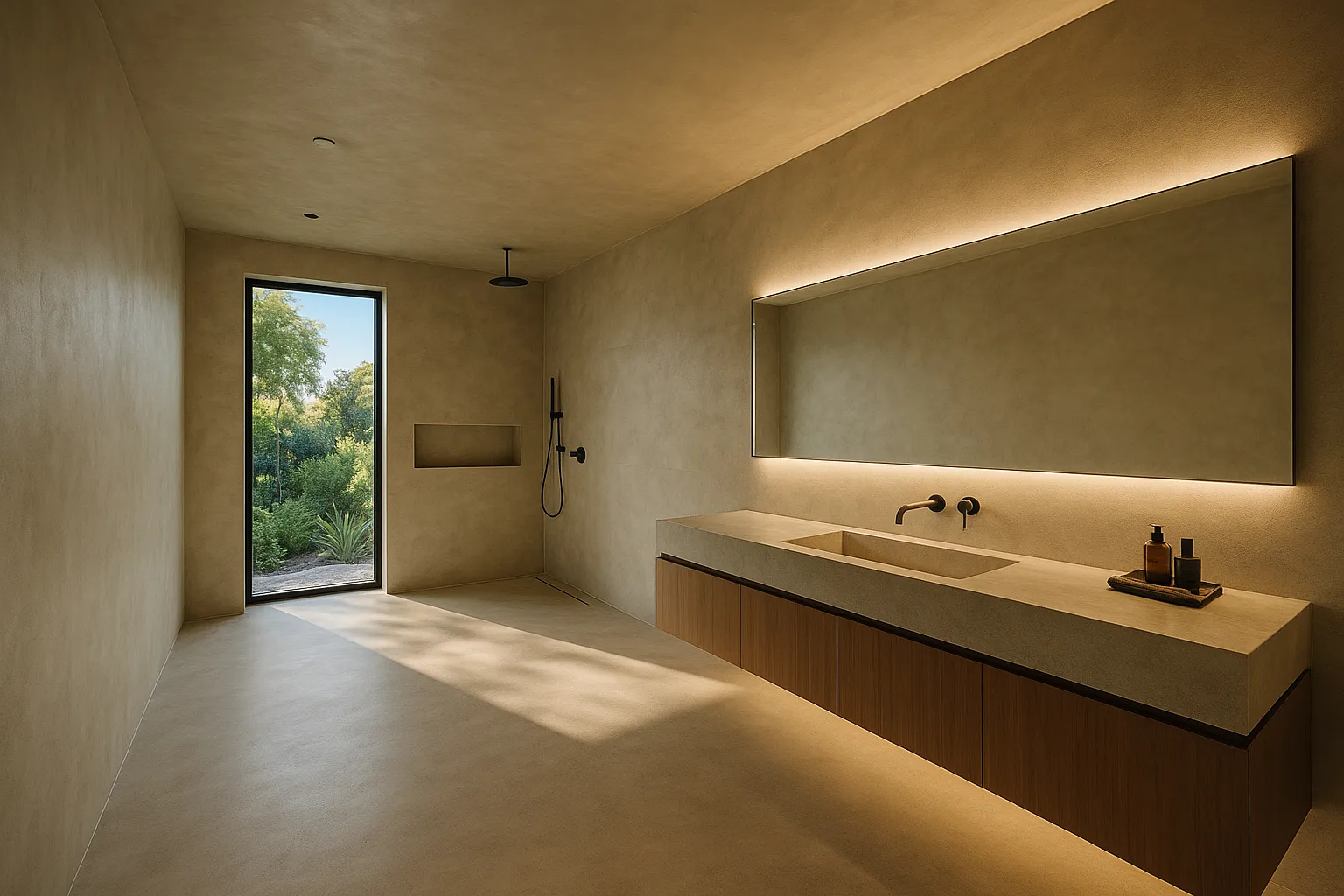 Large microcement bathroom with full wet room and vanity wall in Los Angeles, California