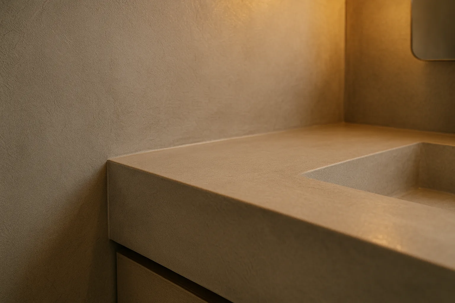 Close-up of seamless microcement bathroom wall and vanity in Santa Monica, California