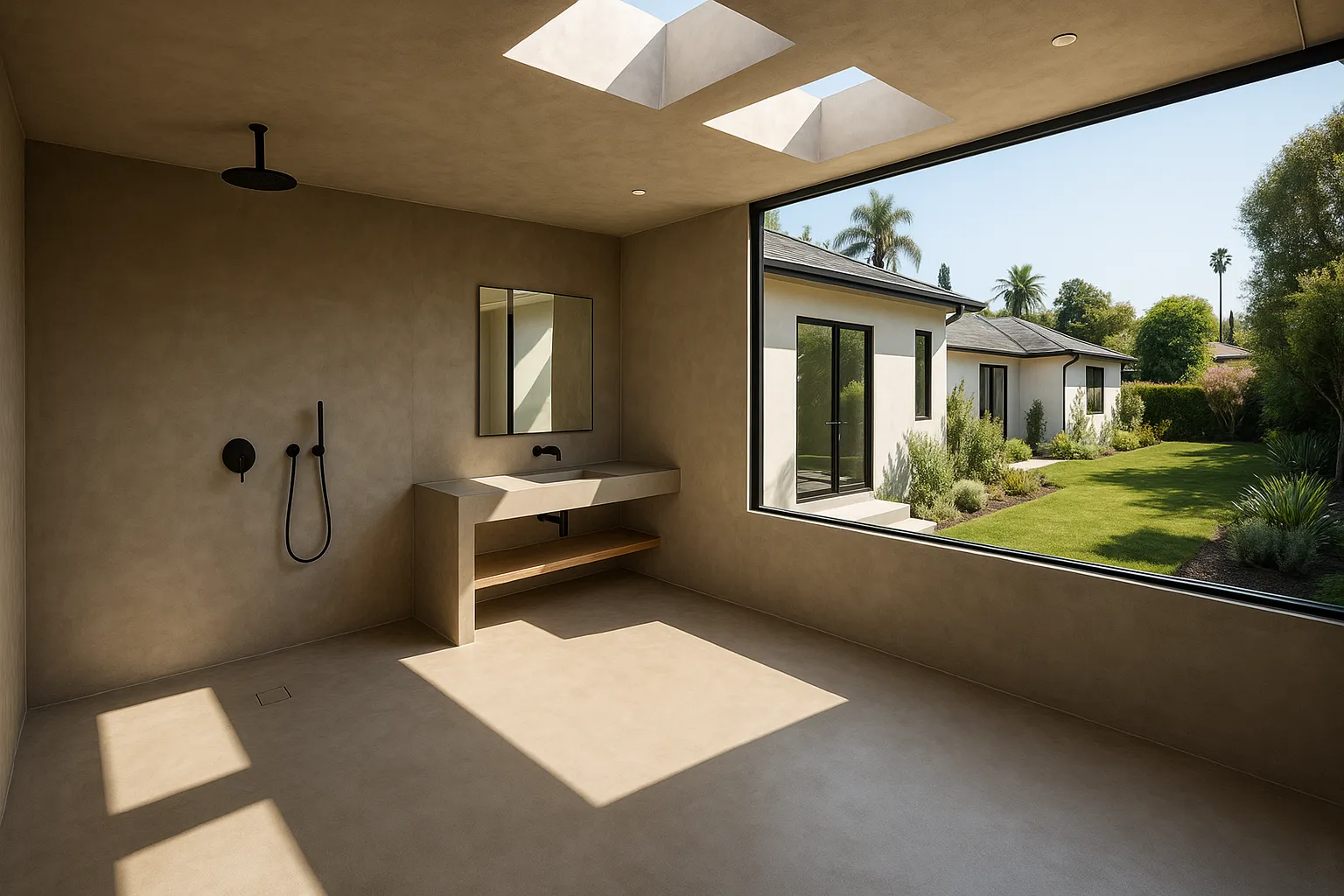 Aerial view of a full microcement wet room in Los Angeles, California