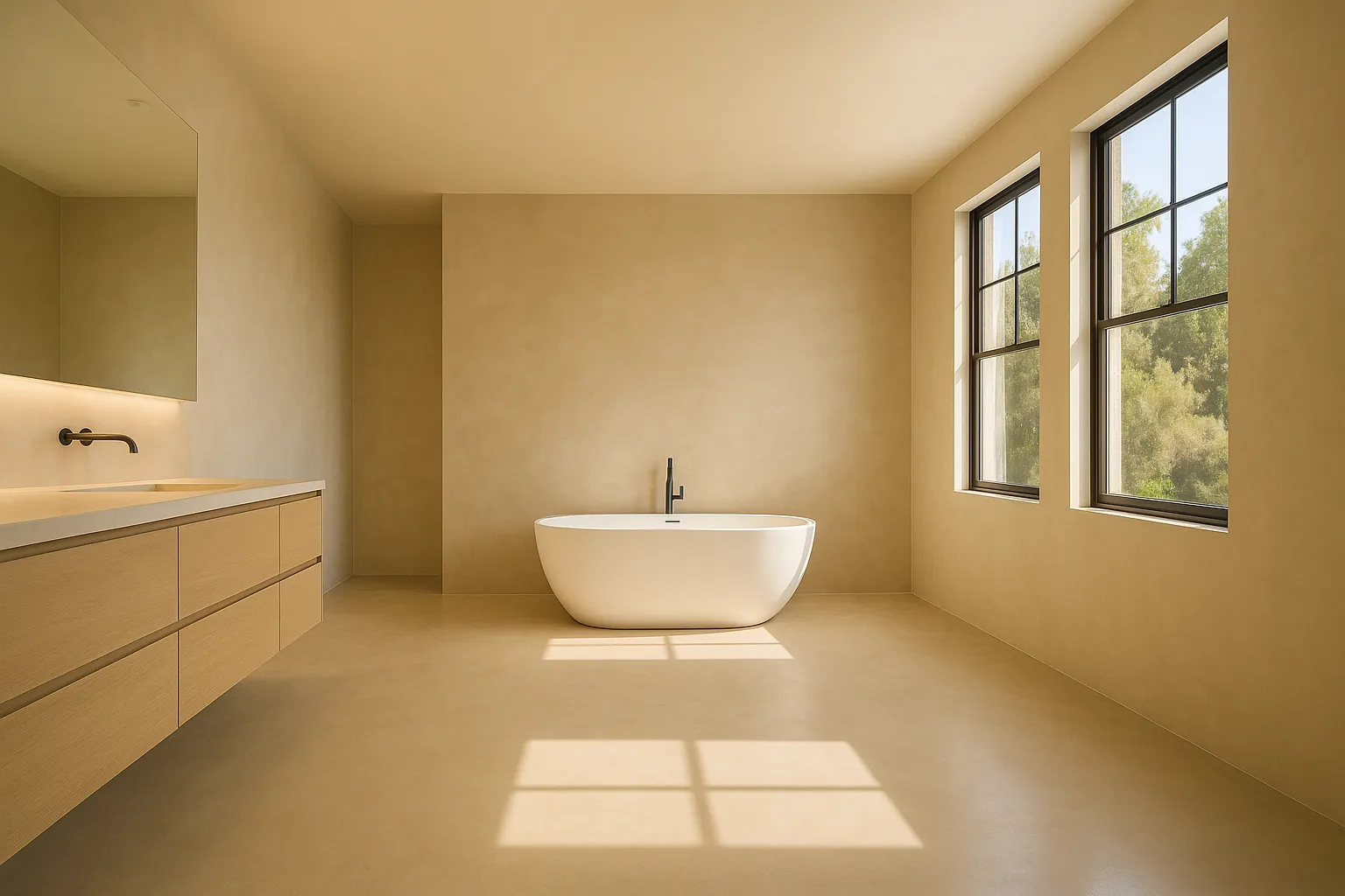 Wide-angle view of a master bathroom with microcement finish in Pasadena, California