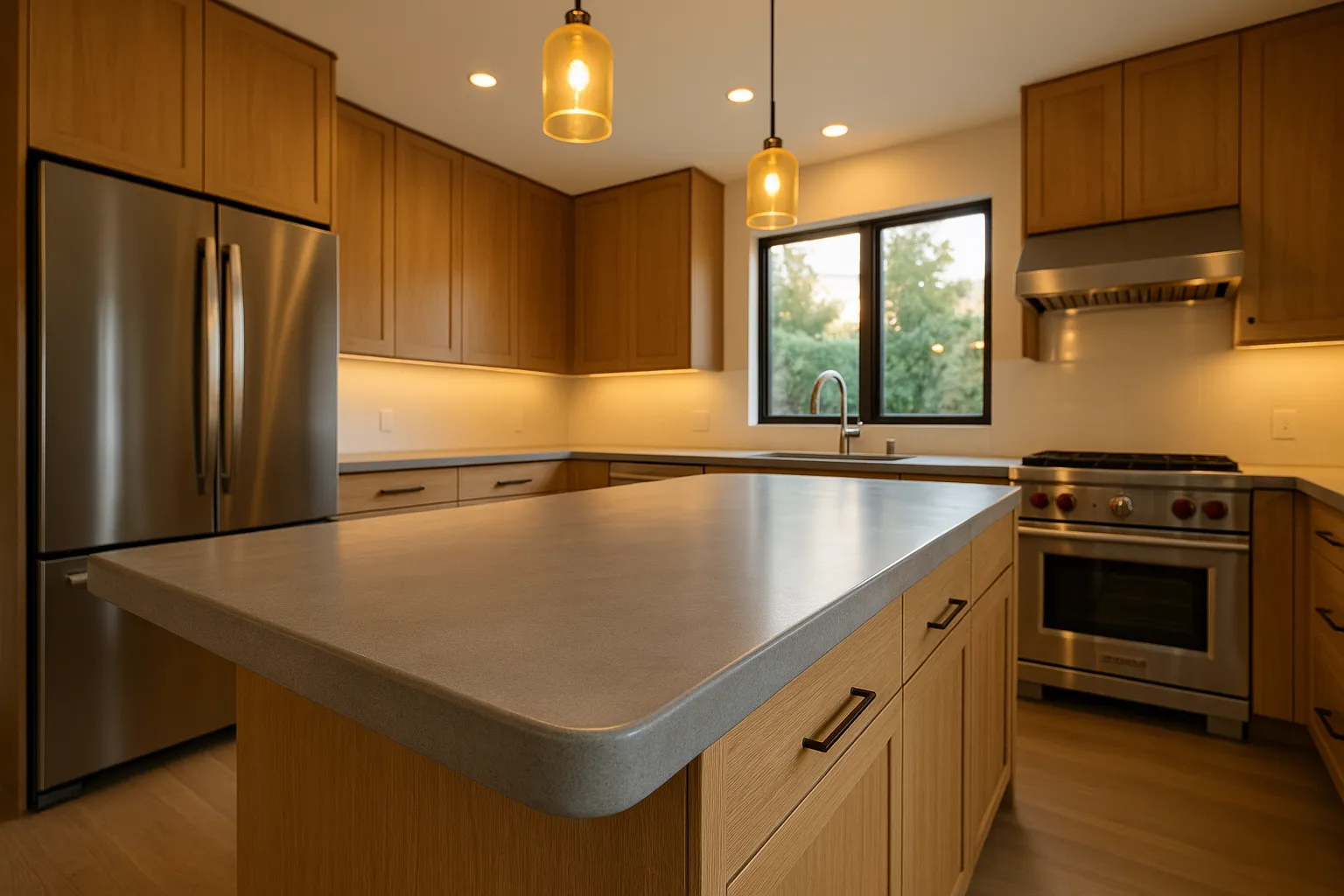 Pasadena kitchen remodel with microcement countertops and modern oak cabinetry in California