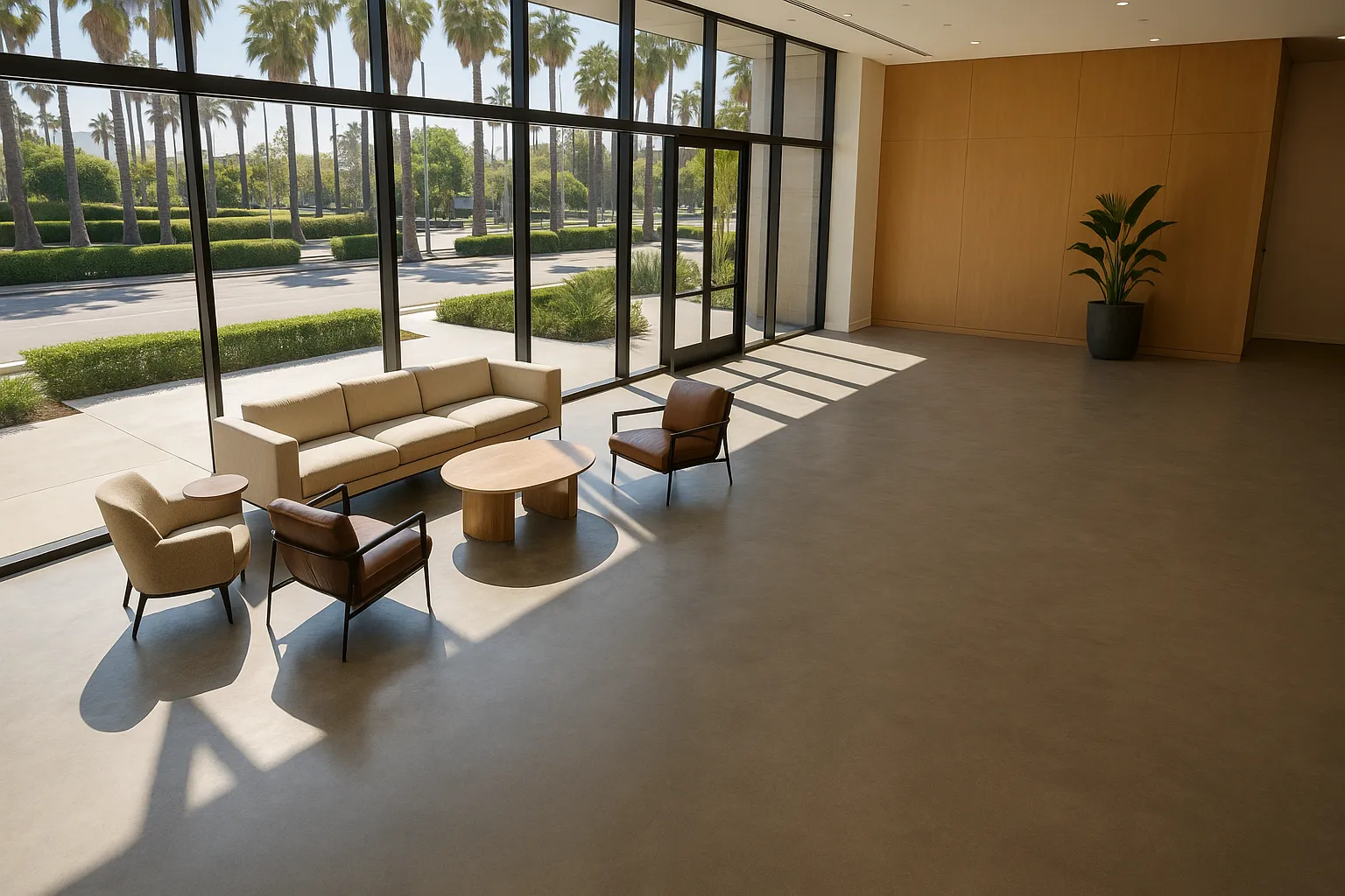 Los Angeles commercial lobby with extensive microcement flooring in California