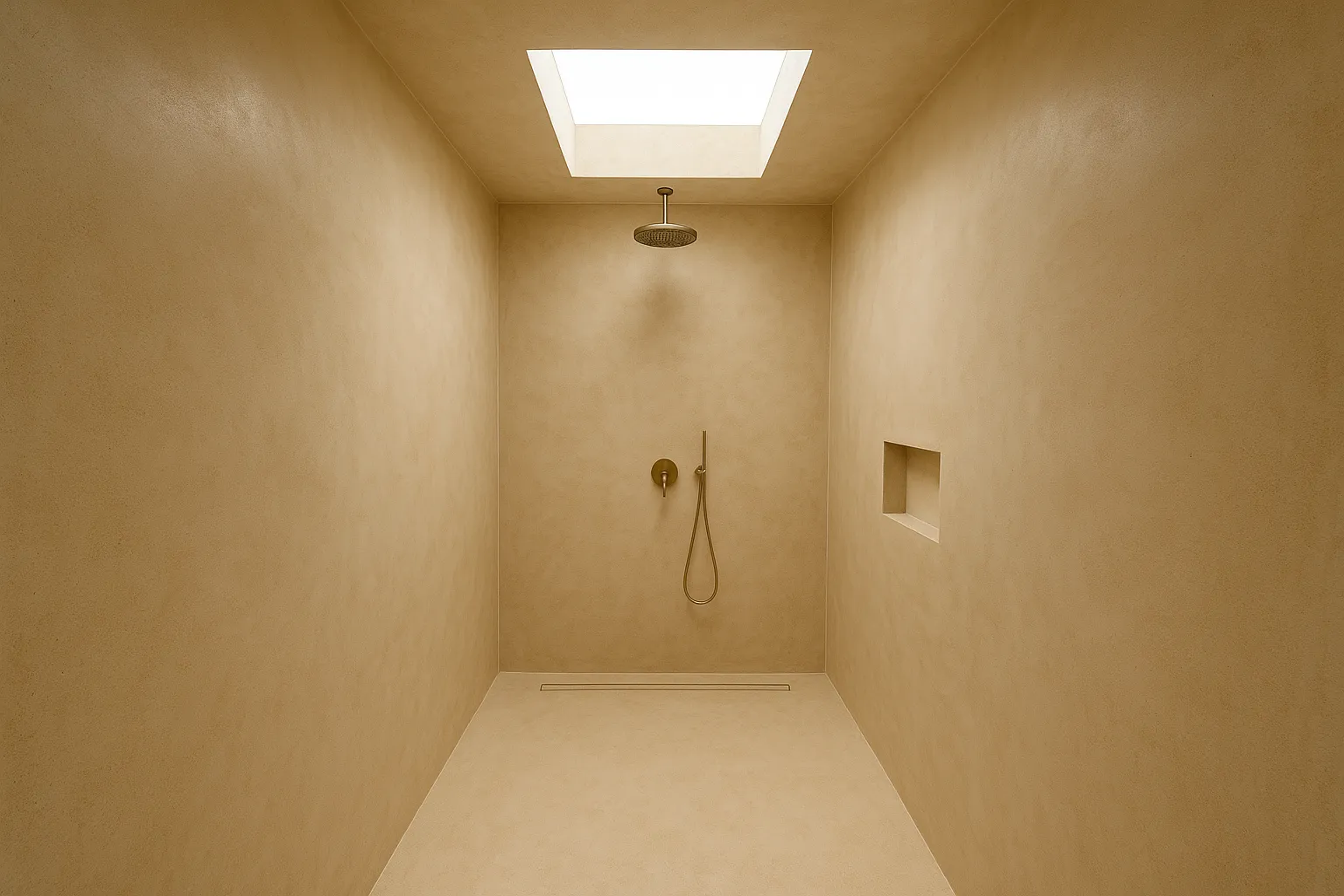 Santa Monica wet room with seamless microcement surfaces and rainfall shower in California