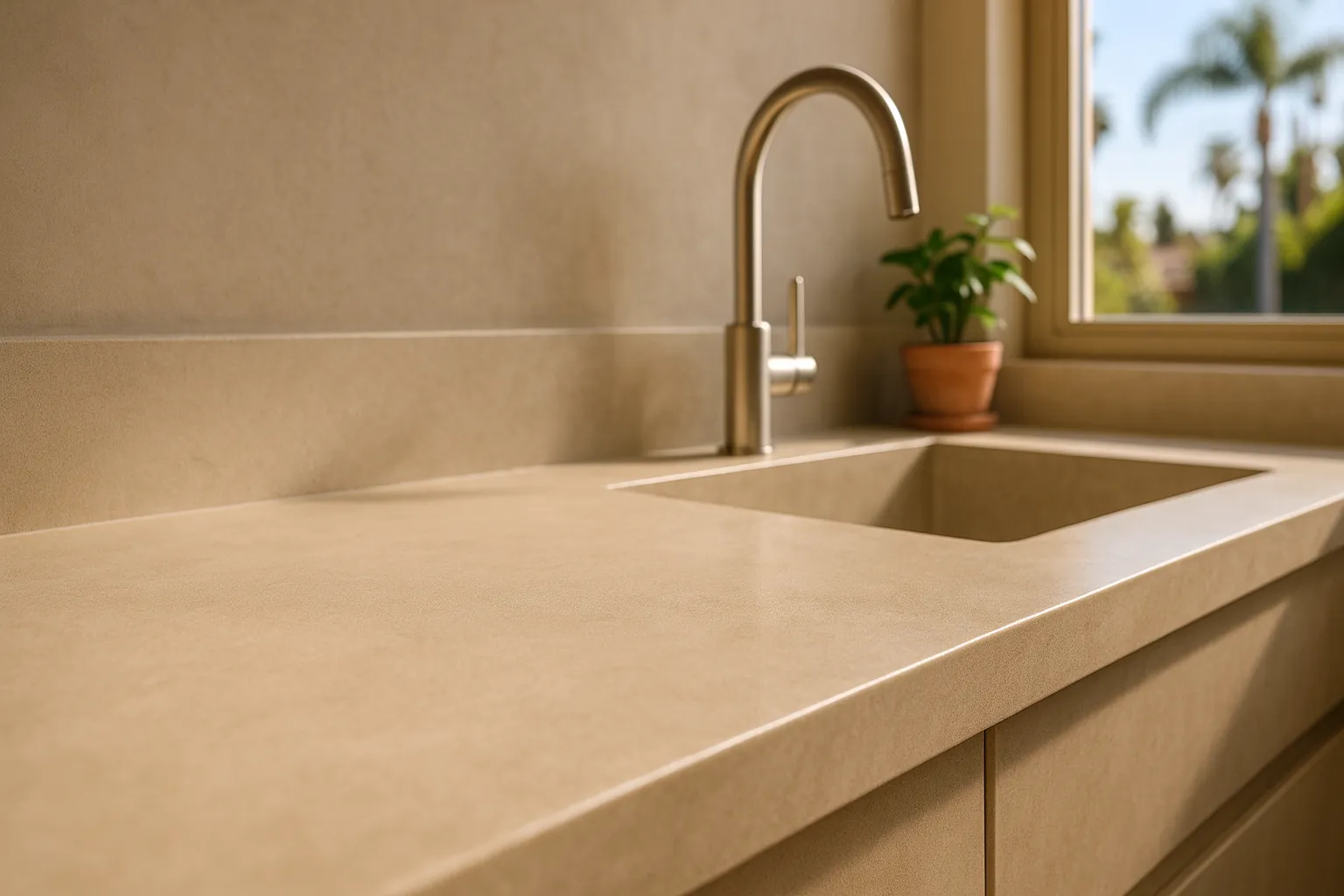 Close-up of seamless microcement countertop in a Beverly Hills kitchen, California.