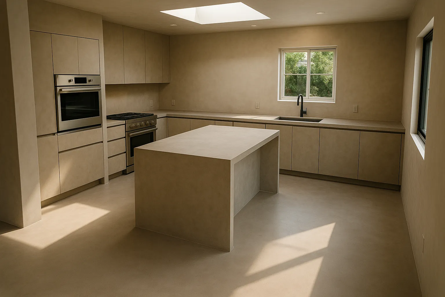 Drone view of West Hollywood open-plan kitchen with microcement surfaces in California.