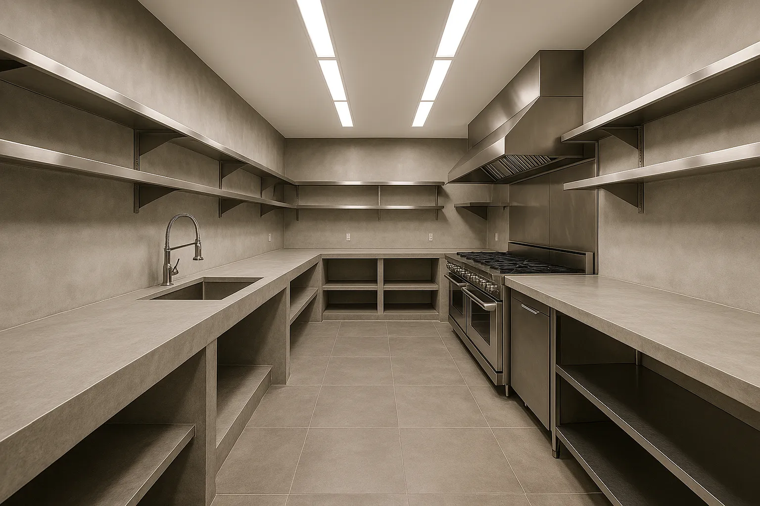 Compact Santa Monica kitchen with microcement countertops and backsplash, California.