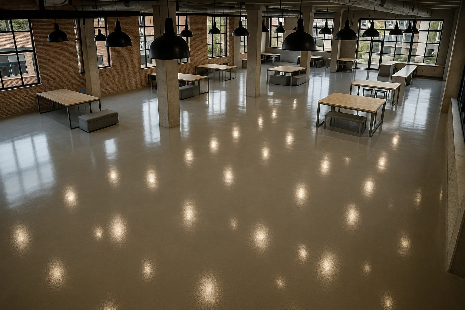 Overhead view of epoxy flooring in a Los Angeles commercial space, highlighting glossy finish and durability.
