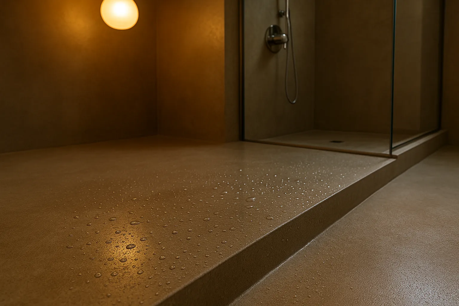 Close-up of waterproof microcement flooring in a California bathroom, showcasing matte finish and water resistance.