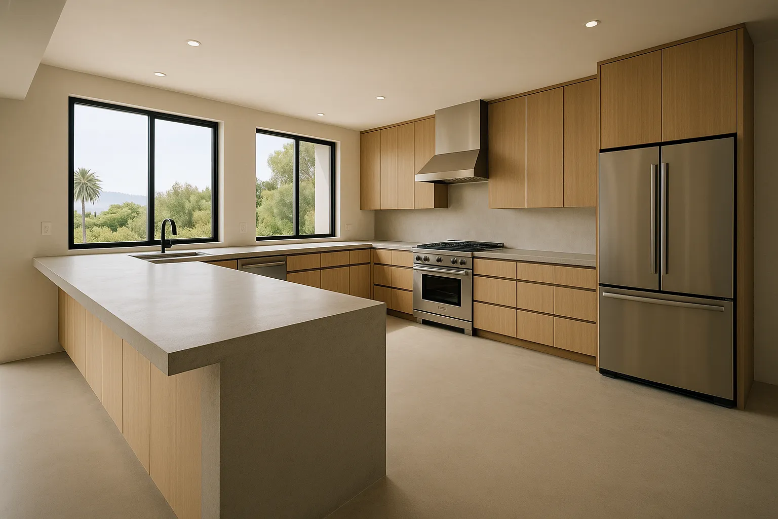 Modern California kitchen with microcement countertops and flooring, showcasing seamless design and satin finish.