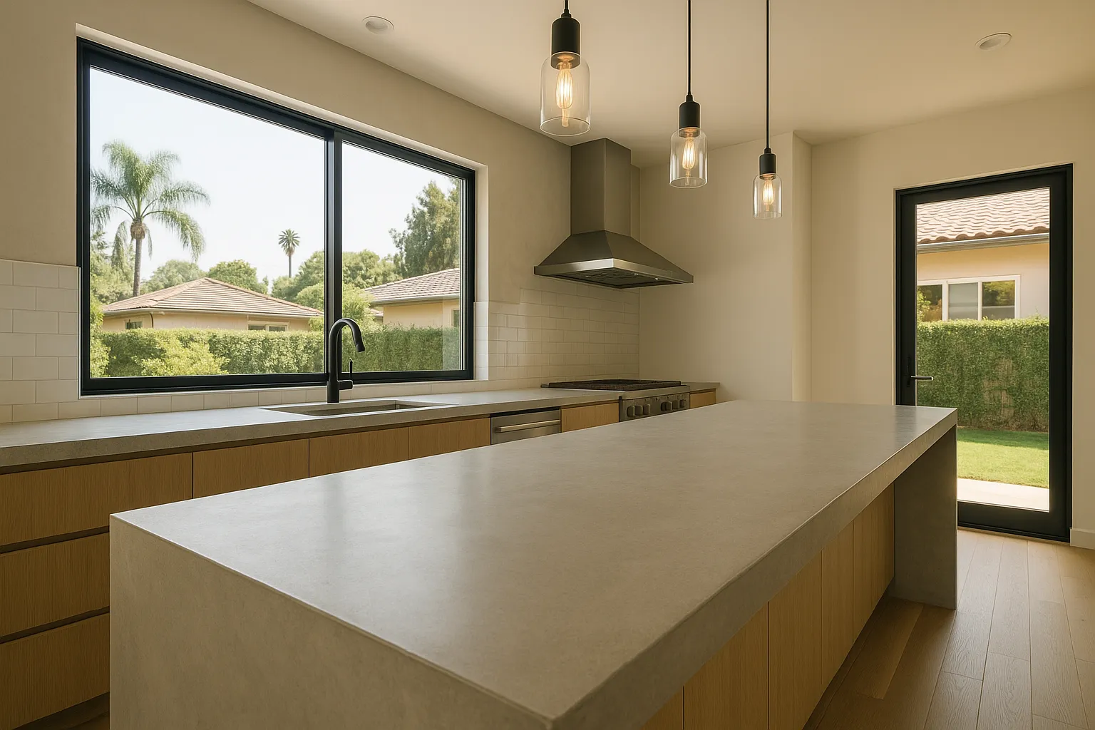 Pasadena kitchen with concrete overlay countertop, displaying smooth texture and modern design