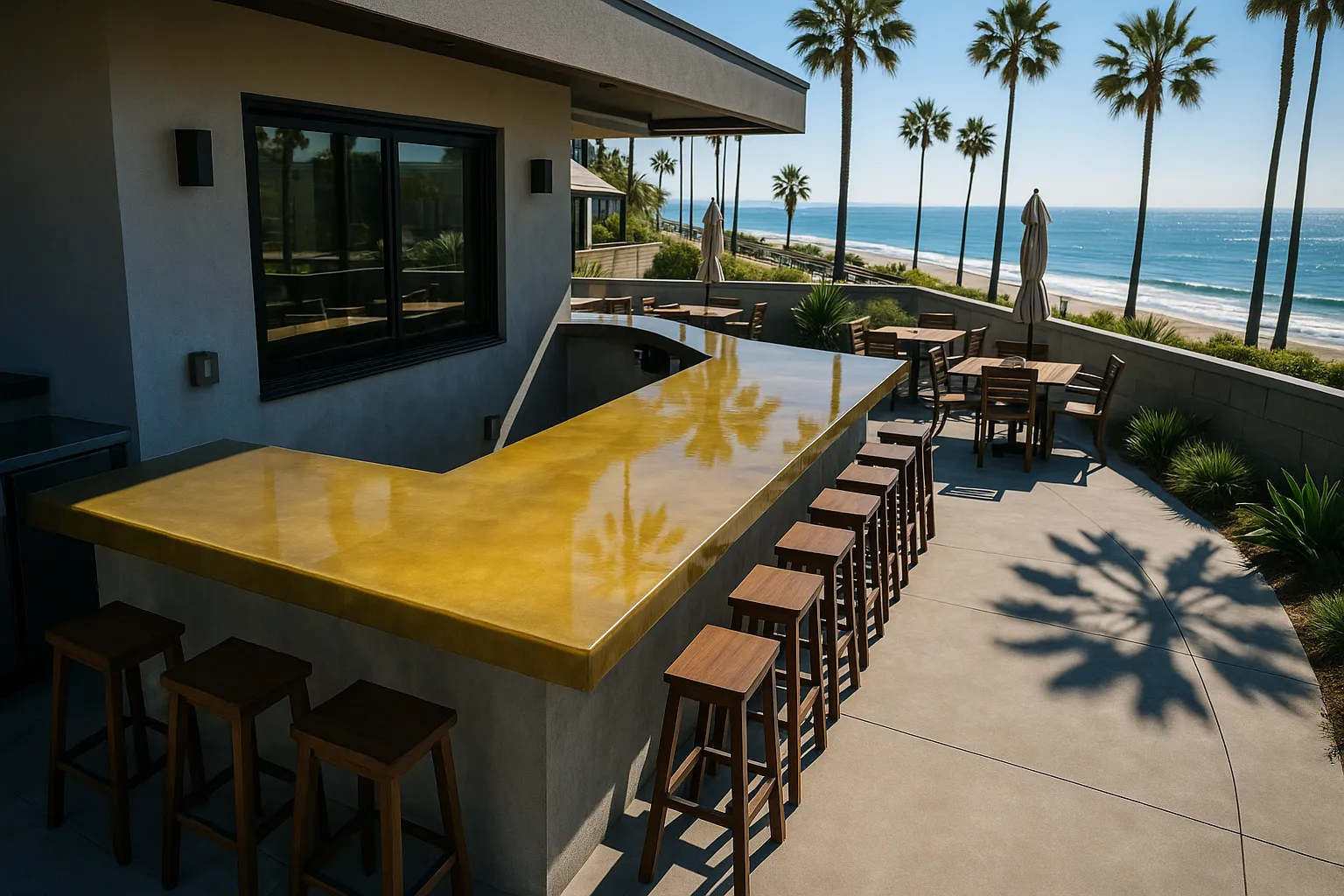 Drone view of epoxy countertops in Santa Monica restaurant, showing high gloss and UV-yellowing
