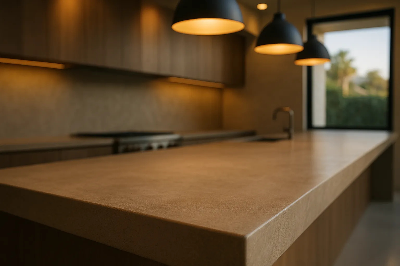 Close-up of microcement countertop in Beverly Hills commercial kitchen, showcasing seamless finish and warm tones