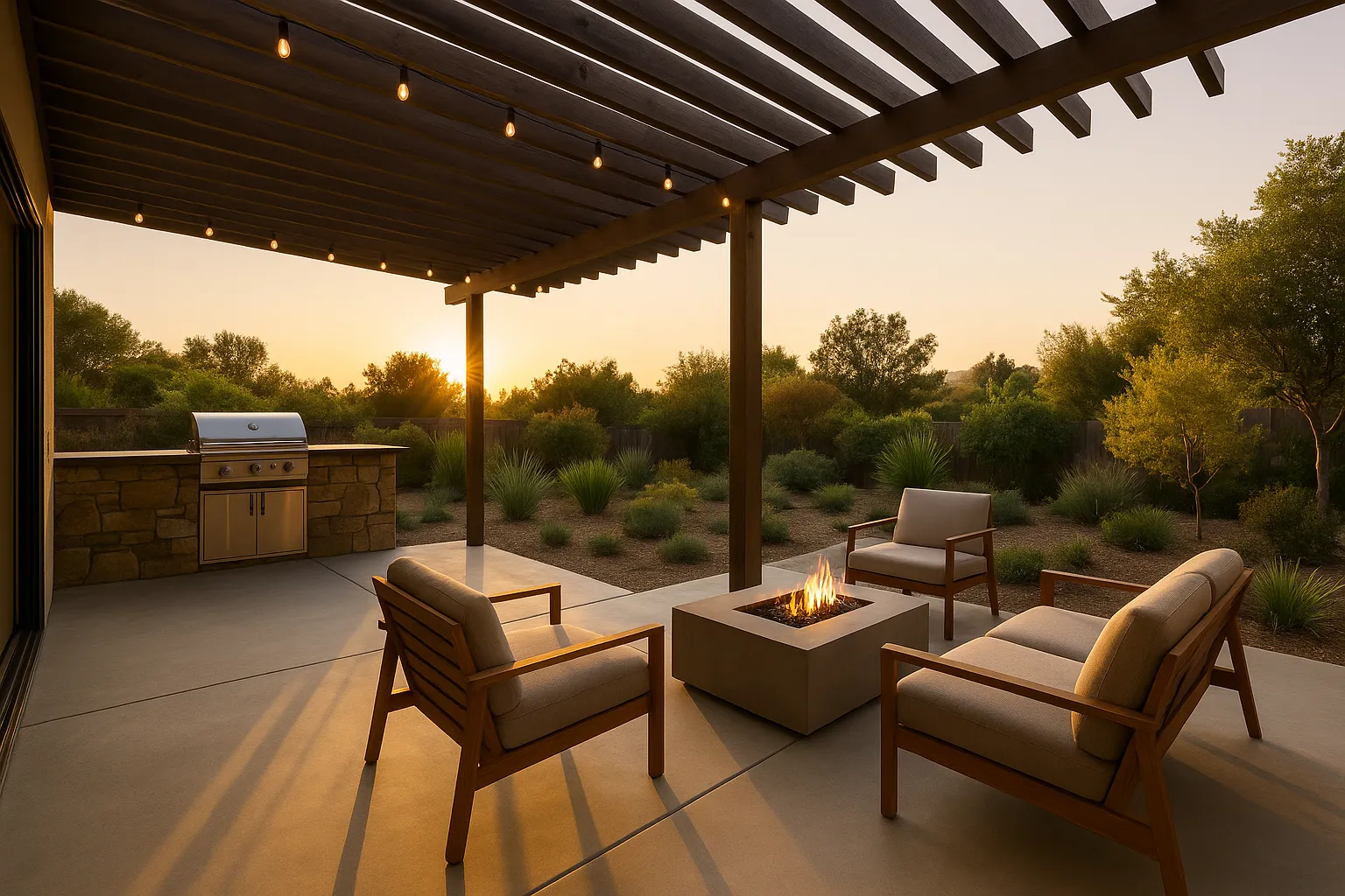 Basic covered patio with concrete floor and wooden pergola in Glendale, California.