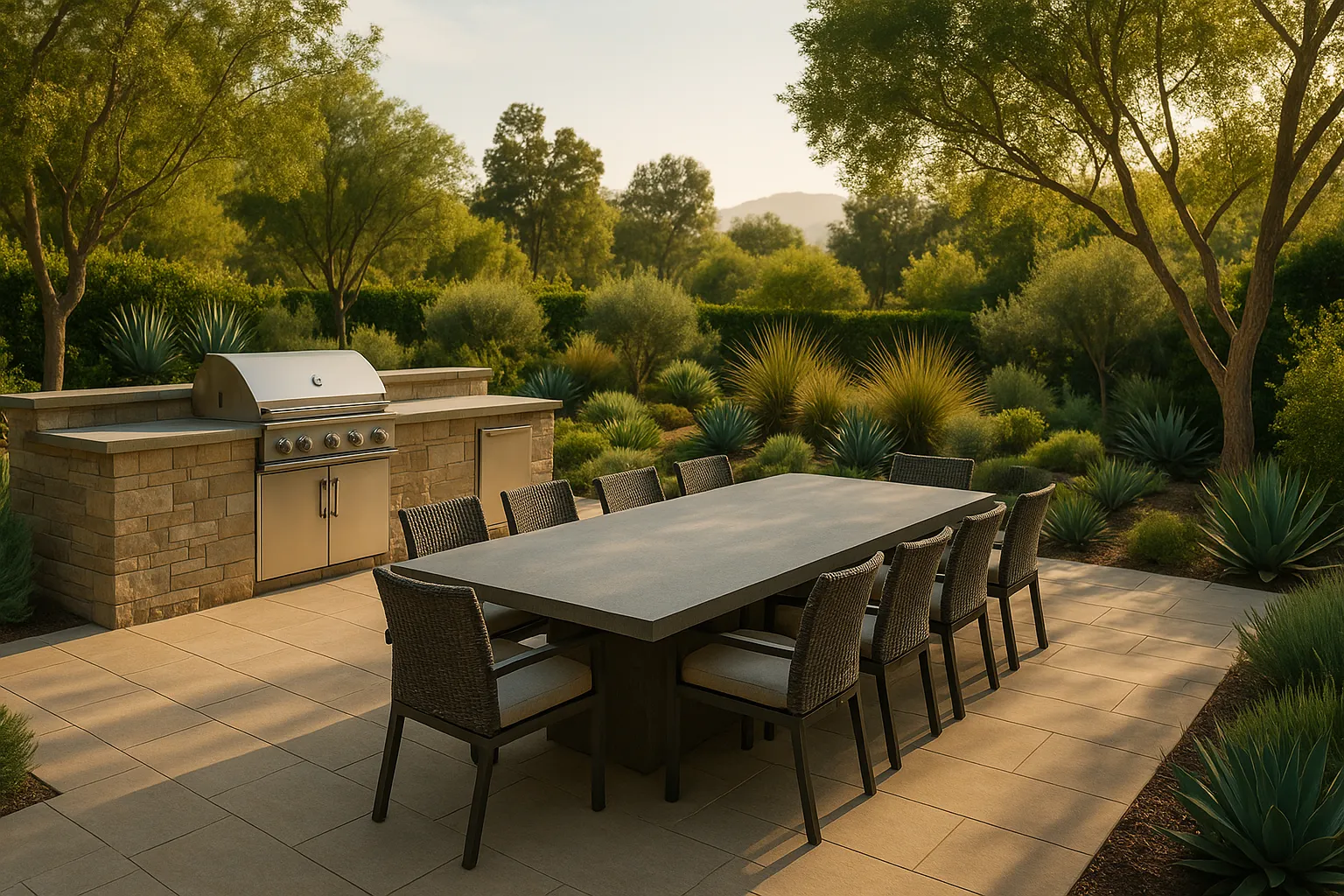 Outdoor kitchen and dining area with stone countertops and drought-tolerant plants in Glendale, California.