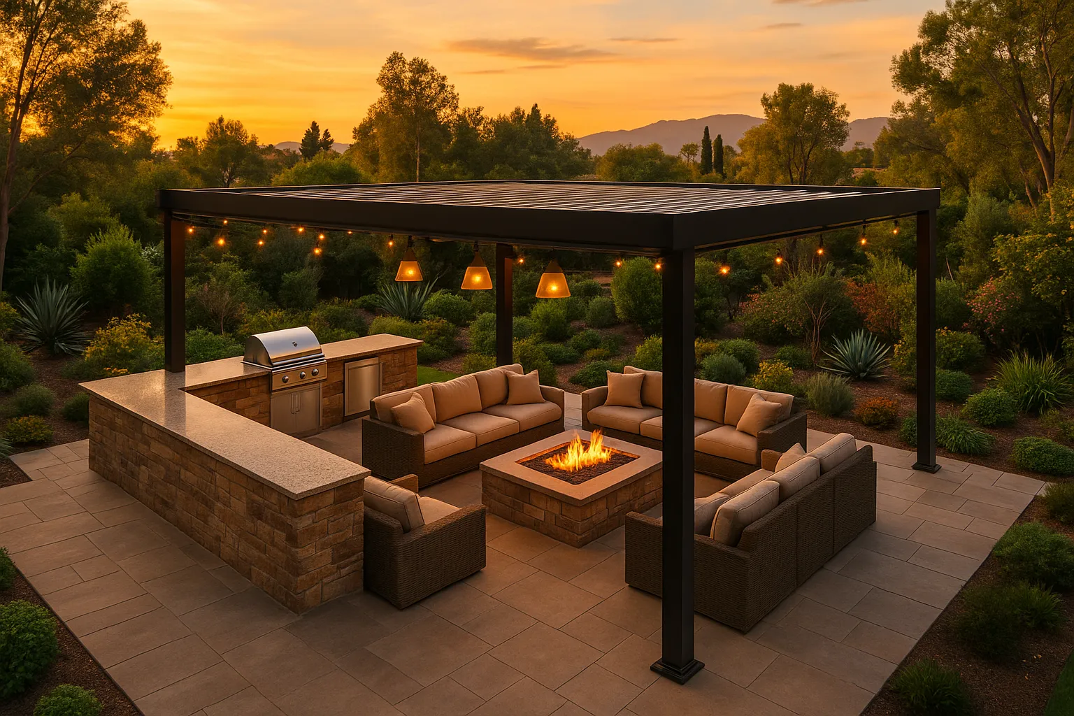 Luxurious outdoor living room and kitchen with fire feature and retractable pergola in Glendale, California.