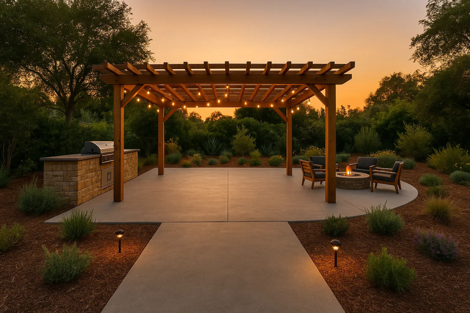 Entry-level outdoor living space in San Marino, California, featuring microcement patio and wooden pergola.