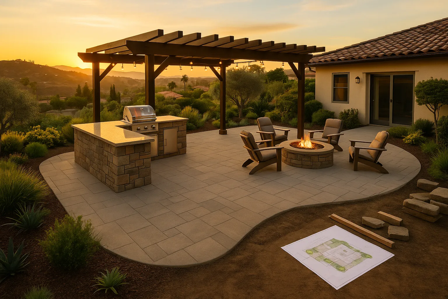 Aerial view of outdoor living project under construction in San Marino, California.