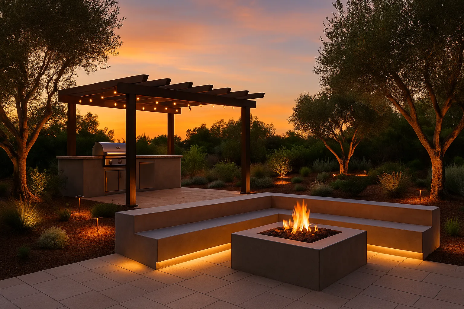 Completed outdoor living area with microcement patio and built-in seating in San Marino, California.