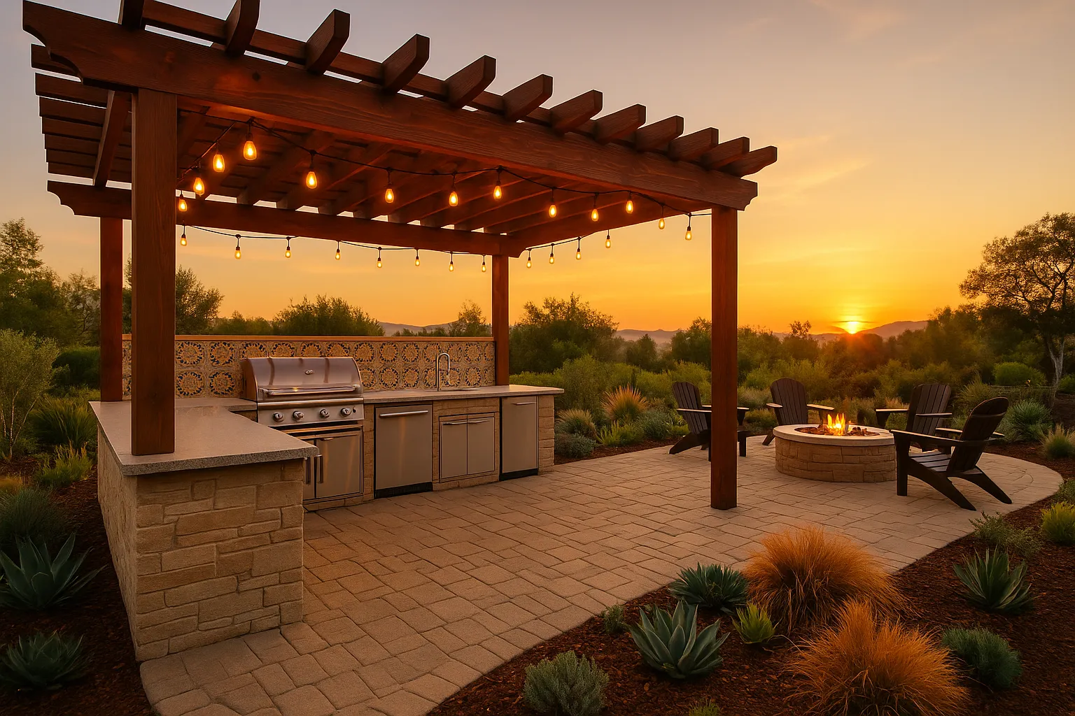 Custom outdoor kitchen with quartz countertops and Mediterranean tiles in Thousand Oaks, California