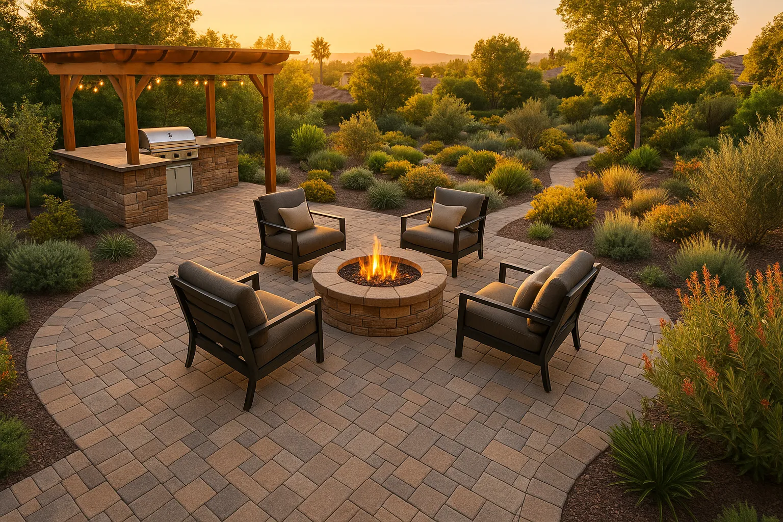 Modern paver patio with stone fire pit and drought-tolerant landscaping in Thousand Oaks, California