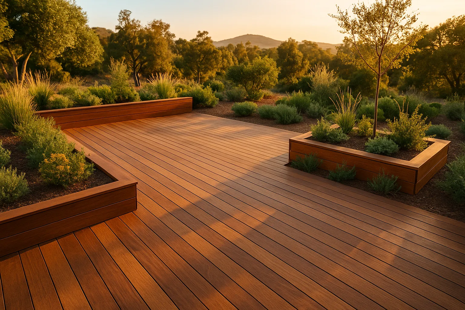 Sustainable Ipe wood deck with integrated planters in Thousand Oaks, California