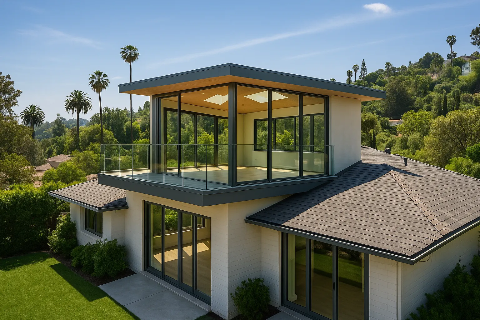 Drone aerial view of a second-story room addition in Beverly Hills, California
