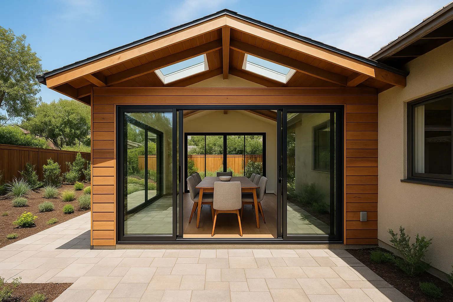 Bump-out dining room addition in Palos Verdes, California, with cedar siding and glass doors
