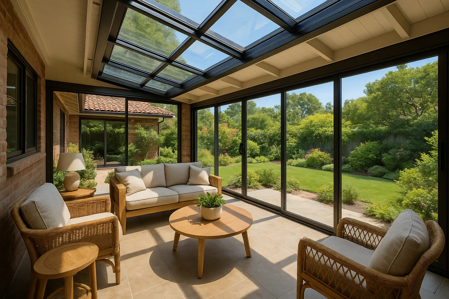 Sunroom conversion in Palos Verdes, California, with glass walls and retractable roof
